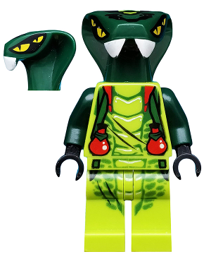 LEGO Minifigure njo0058 Spitta with dark green cobra head, light green body featuring scales, red vials, and black scratches.