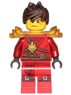 A LEGO Minifigure njo0305 of Kai in his red Honor Robe from Day of the Departed, featuring golden shoulder armor and a serious expression.