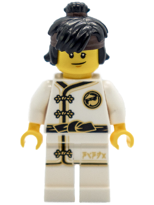 LEGO Minifigure njo0345 Cole in a white Wu-Cru Training Gi with black and gold print, black hair with bun, and smiling face.