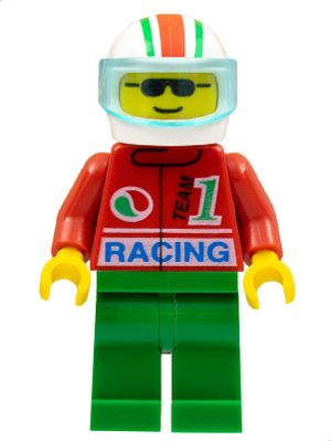 LEGO Minifigure oct033 - Octan - Racing, Green Legs, White Red/Green Striped Helmet, Trans-Light Blue Visor
