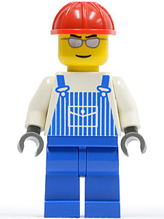 LEGO Minifigure ovr030 - Overalls Striped Blue with Pocket, Blue Legs, Red Construction Helmet, Silver Glasses and Eyebrows