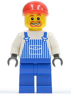 LEGO Minifigure ovr038 - Overalls Striped Blue with Pocket, Blue Legs, Red Short Bill Cap, Beard Around Mouth