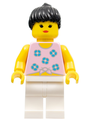 LEGO Minifigure par003 - Blue Flowers - White Legs, Black Ponytail Hair