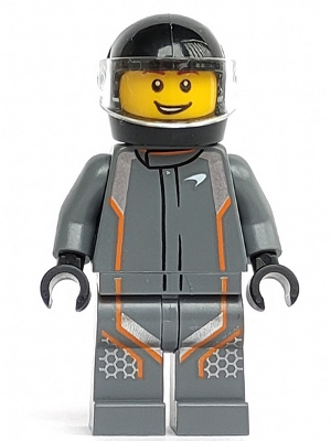 LEGO Minifigure sc069 - McLaren Senna Driver in grey racing suit with orange details, black helmet, and smiling face.