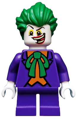 LEGO Minifigure of The Joker, with green hair, white head, yellow eyes, red lips, purple suit, orange vest, green bow tie, and short purple legs.