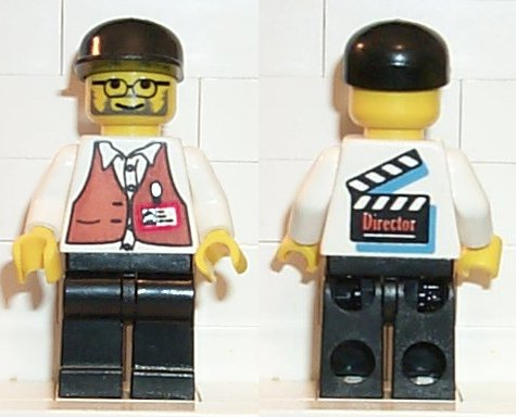 LEGO Minifigure stu002 - Director, front and back view. Features glasses, beard, vest, ID badge, and clapperboard print.