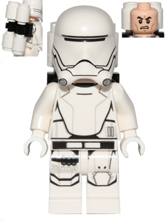 White LEGO Minifigure sw0666 - First Order Flametrooper, with helmet, detailed armor, flamethrower backpack, and an angry alternate head.
