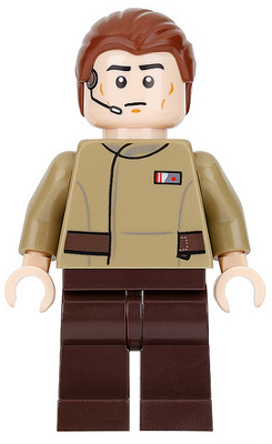 LEGO minifigure sw0699 Resistance Officer with headset, tan uniform, and brown legs.