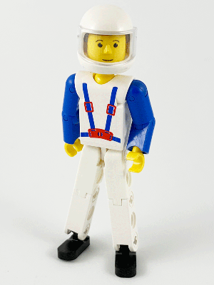 LEGO Minifigure tech006b - Technic Figure White Legs, White Top with Blue Suspenders Pattern, Blue Arms, White Helmet