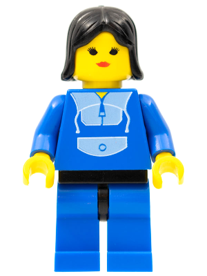 LEGO minifigure trn014, female, with black hair, yellow head, blue jogging suit torso, black hips, and blue legs.
