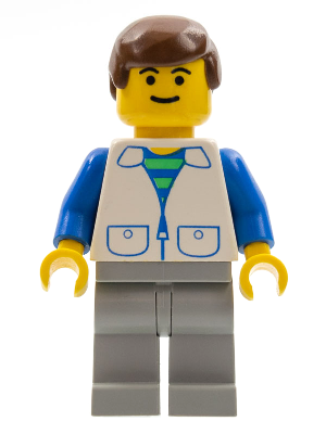 LEGO Minifigure trn033 with brown hair, smiling face, blue arms, white vest with pockets over a green and blue striped shirt, light gray legs.