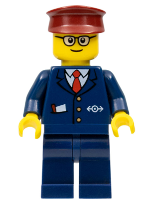 LEGO Minifigure trn115a - Dark Blue Suit with Train Logo, Dark Blue Legs, Dark Red Hat, Rounded Glasses - Tram Driver