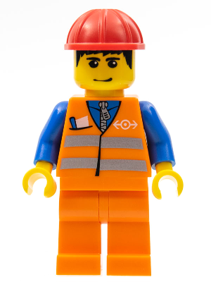 LEGO Minifigure trn132 - Orange Vest with Safety Stripes - Orange Legs, Red Construction Helmet, Black Hair, Eyebrows, and Smirk