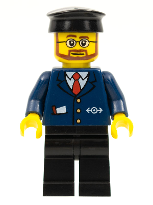 LEGO Minifigure trn223 - Dark Blue Suit with Train Logo, Black Legs, Black Hat, Beard and Glasses