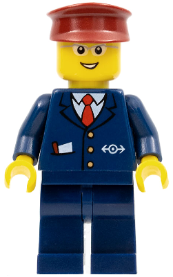 LEGO Minifigure trn234 - Steward - Dark Blue Suit with Train Logo, Dark Blue Legs, Dark Red Hat, Glasses