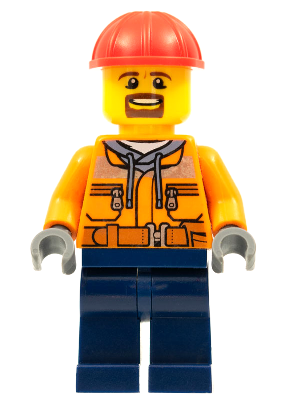 LEGO Minifigure trn242 - Forklift Driver - Male, Orange Safety Jacket, Reflective Stripe, Sand Blue Hoodie, Dark Blue Legs, Red Construction Helmet, Goatee
