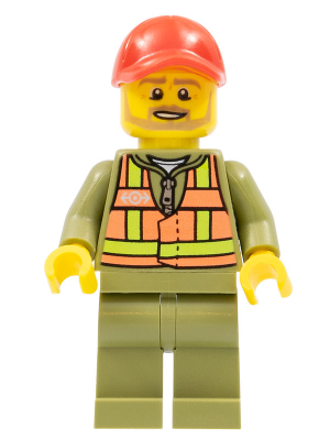 LEGO Minifigure trn244 - Train Driver - Orange Safety Vest with Lime Straps, Olive Green Legs, Red Cap with Hole, Beard Dark Tan Angular