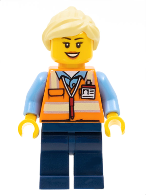 LEGO Minifigure trn245 - Train Worker - Female, Orange Safety Vest with Badge, Dark Blue Legs, Bright Light Yellow Ponytail and Swept Sideways Fringe