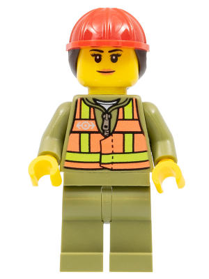 LEGO Minifigure trn246 - Train Worker - Female, Orange Safety Vest with Lime Straps, Olive Green Legs, Red Construction Helmet with Dark Brown Ponytail Hair