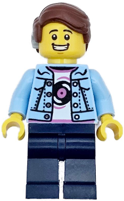 LEGO Minifigure twn496 - Burger Truck Customer - Male, Bright Light Blue Denim Jacket over Shirt with Record, Dark Blue Legs, Reddish Brown Hair with Cochlear Implant