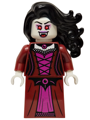 A LEGO minifigure vampire with black wavy hair, pale skin, red eyes, fangs, and a dark red dress with magenta and black corset details.