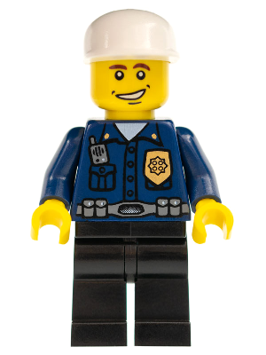 LEGO Minifigure wc026 - Police - World City Patrolman, Dark Blue Shirt with Badge and Radio, Black Legs, White Cap