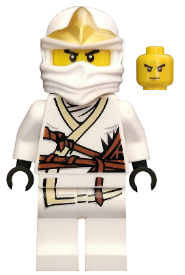 LEGO Minifigure Zane ZX (njo0053) in white ninja gi with gold headpiece and angry face, plus extra head.