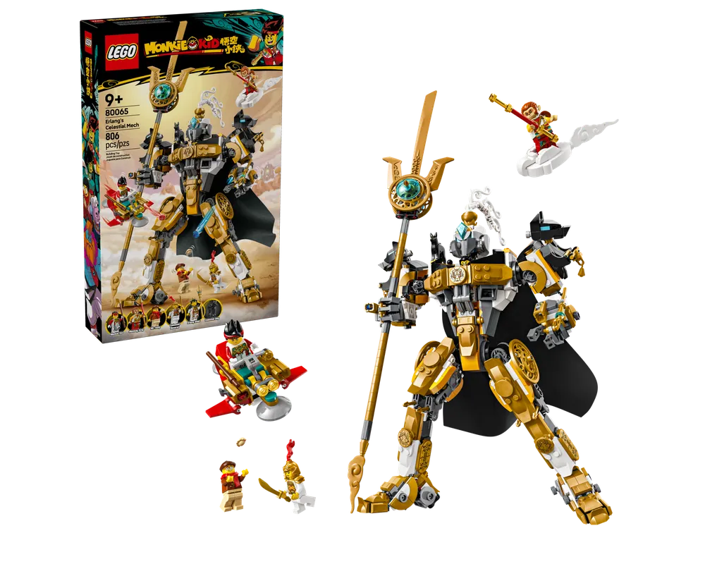 LEGO Monkie Kid 80065 Erlang's Celestial Mech set with box, large gold mech holding a spear, and several minifigures.