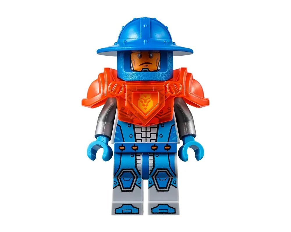 LEGO NEXO KNIGHTS 70347 King's Guard minifigure with blue helmet, orange chest armor, gray arms, and printed blue legs.