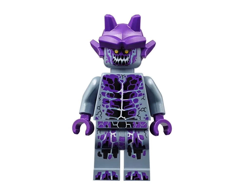 Purple and gray LEGO monster minifigure with horns, sharp teeth, and glowing purple patterns.