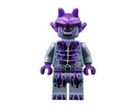 Purple and gray LEGO monster minifigure with horns, sharp teeth, and glowing purple patterns.