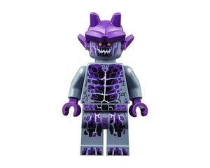 Purple and gray LEGO monster minifigure with horns, sharp teeth, and glowing purple patterns.