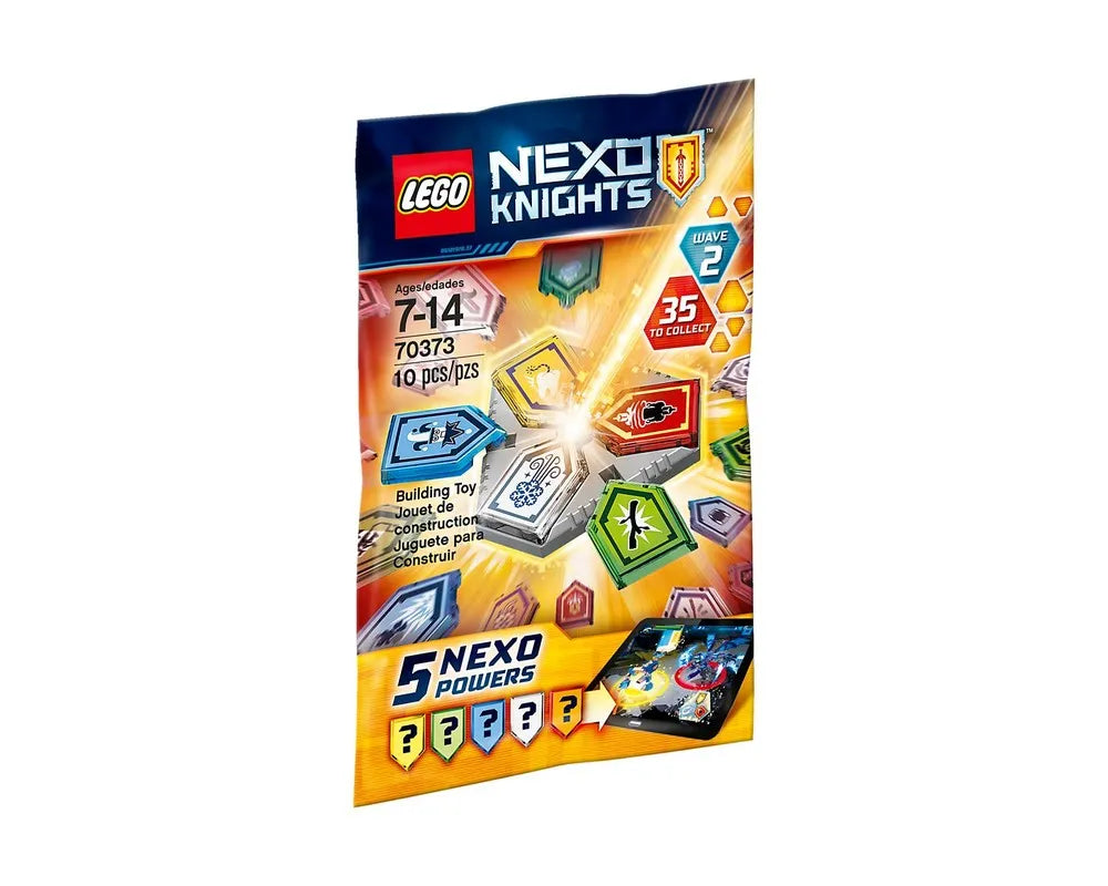LEGO NEXO KNIGHTS 70373 Combo NEXO Powers Wave 2 polybag showing shield powers, '35 to collect', and age 7-14.