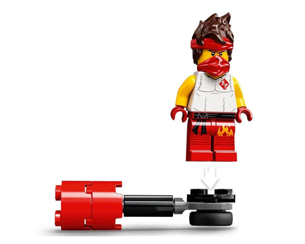 LEGO Ninjago Kai minifigure in white and red, wearing a red mask, shown ready to attach to a red spinner base.
