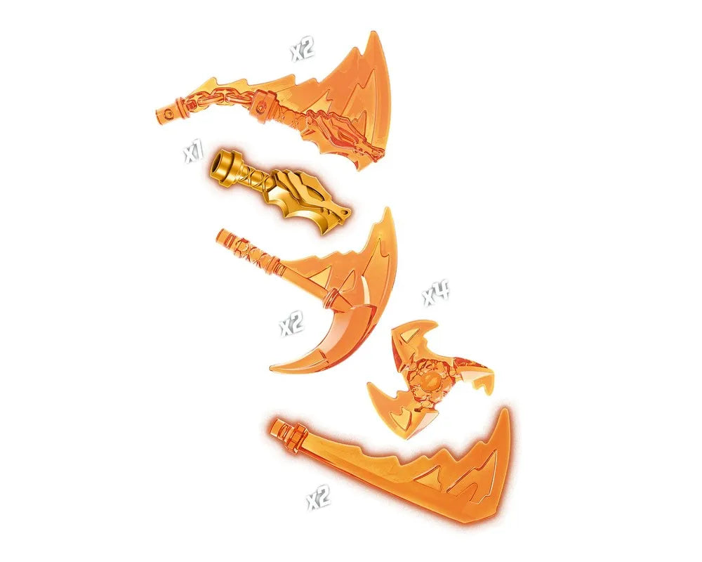 Translucent orange and gold LEGO Ninjago weapon pieces, including blades, an axe, a scythe, a shuriken, and a dragon hilt.