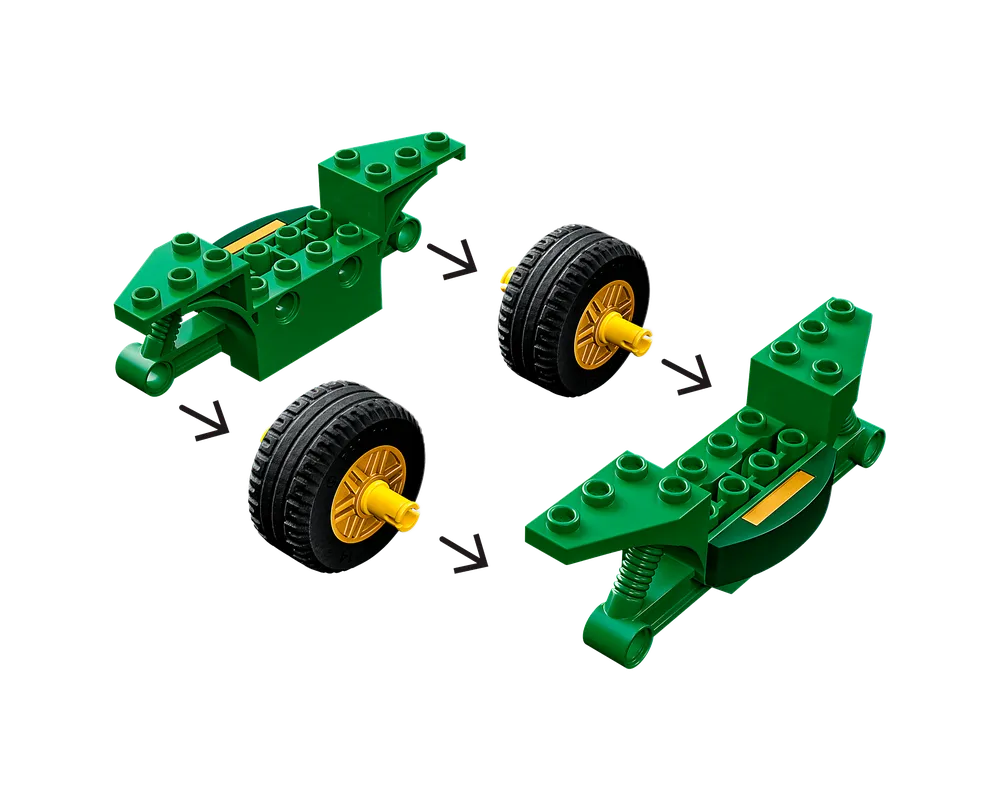 Four-step LEGO building guide showing a green vehicle base being assembled with two black and yellow wheels.