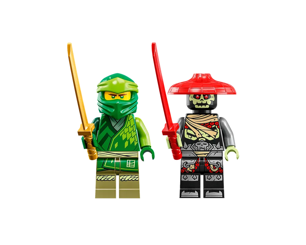 Two LEGO Ninjago minifigures: a green ninja with a gold sword and a skeleton figure with a red hat and sword.