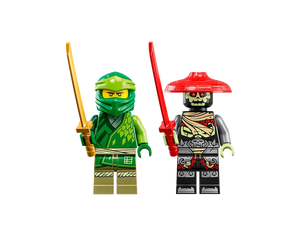 Two LEGO Ninjago minifigures: a green ninja with a gold sword and a skeleton figure with a red hat and sword.