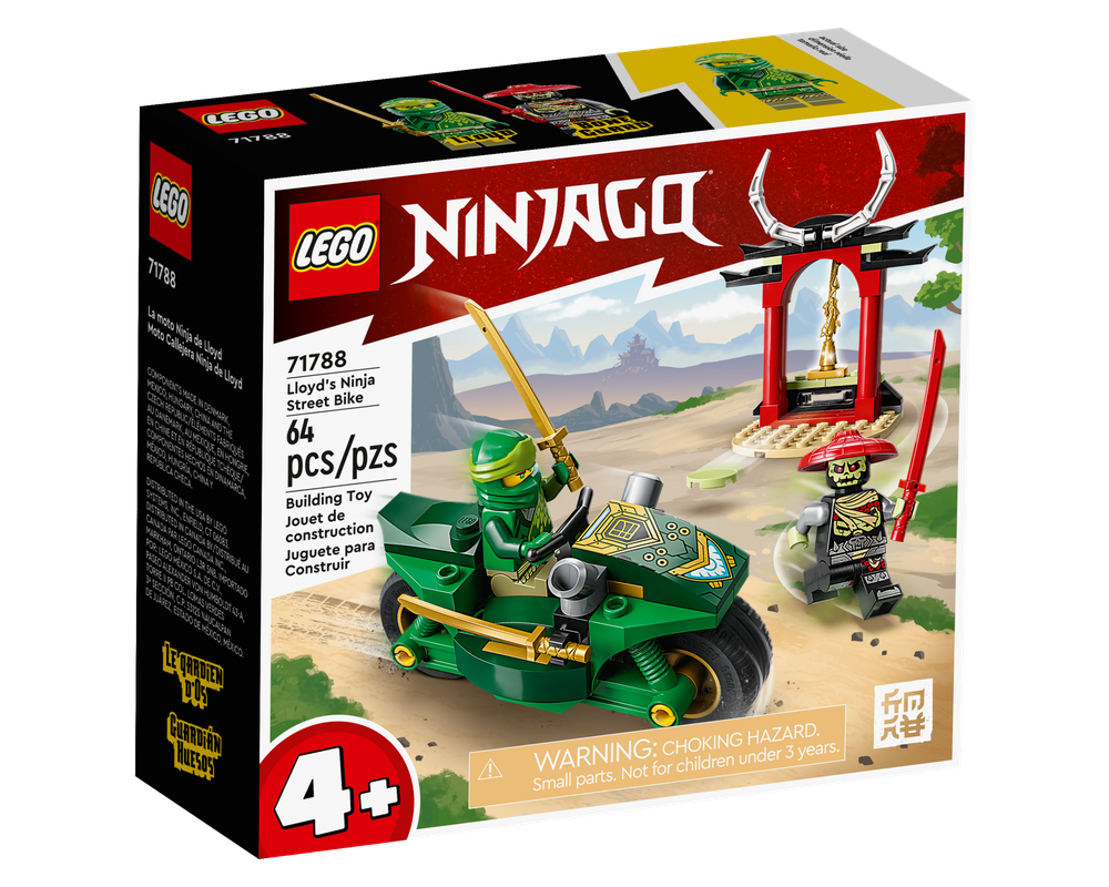 LEGO Ninjago 71788 Lloyd's Ninja Street Bike box showing Lloyd on a green bike, a skeleton enemy, and a red shrine. 64 pieces, 4+.