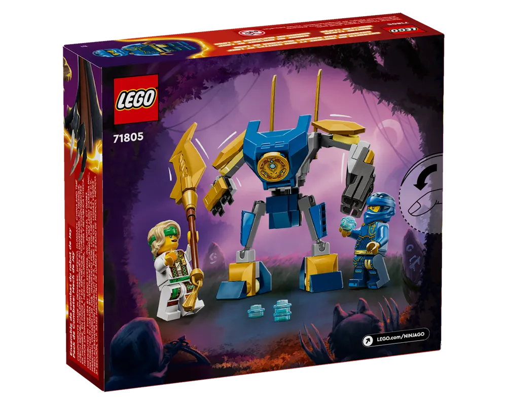 LEGO Ninjago 71805 Jay's Mech Battle Pack box back: blue and gold mech, two minifigures, one with spear, one with orb.