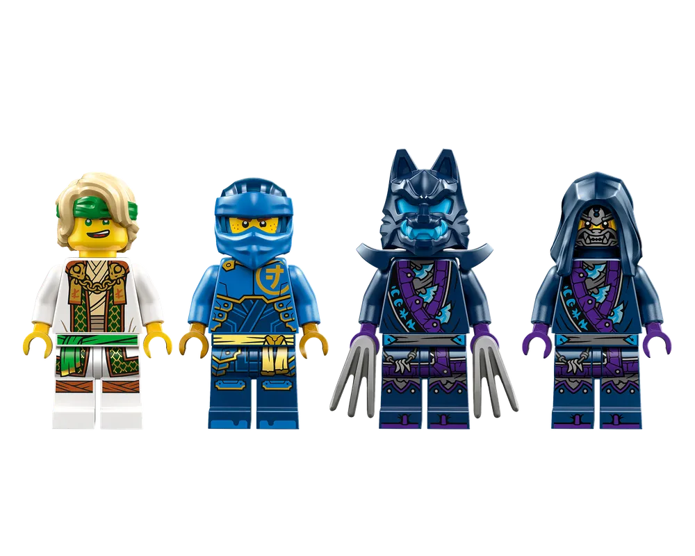 Four LEGO Ninjago minifigures: Lloyd in white gi, Jay in blue, a Wolf Mask Warrior with claws, and a Wolf Mask Guard.