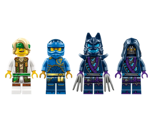 Four LEGO Ninjago minifigures: Lloyd in white gi, Jay in blue, a Wolf Mask Warrior with claws, and a Wolf Mask Guard.