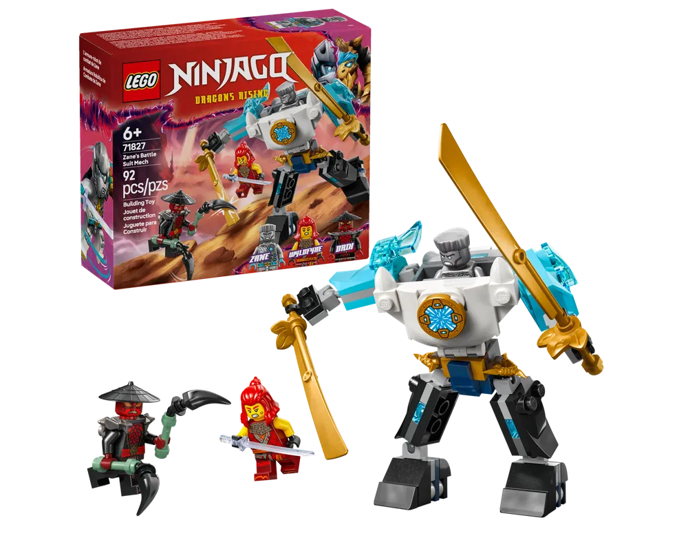 White and blue LEGO Ninjago Zane's Battle Suit Mech, three minifigures, and the 71827 set box.