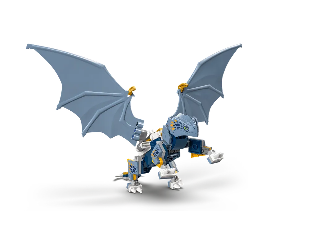 Blue and white LEGO dragon from the Ninjago Zane's Ultra Combiner Mech set 71834, standing with wings spread.
