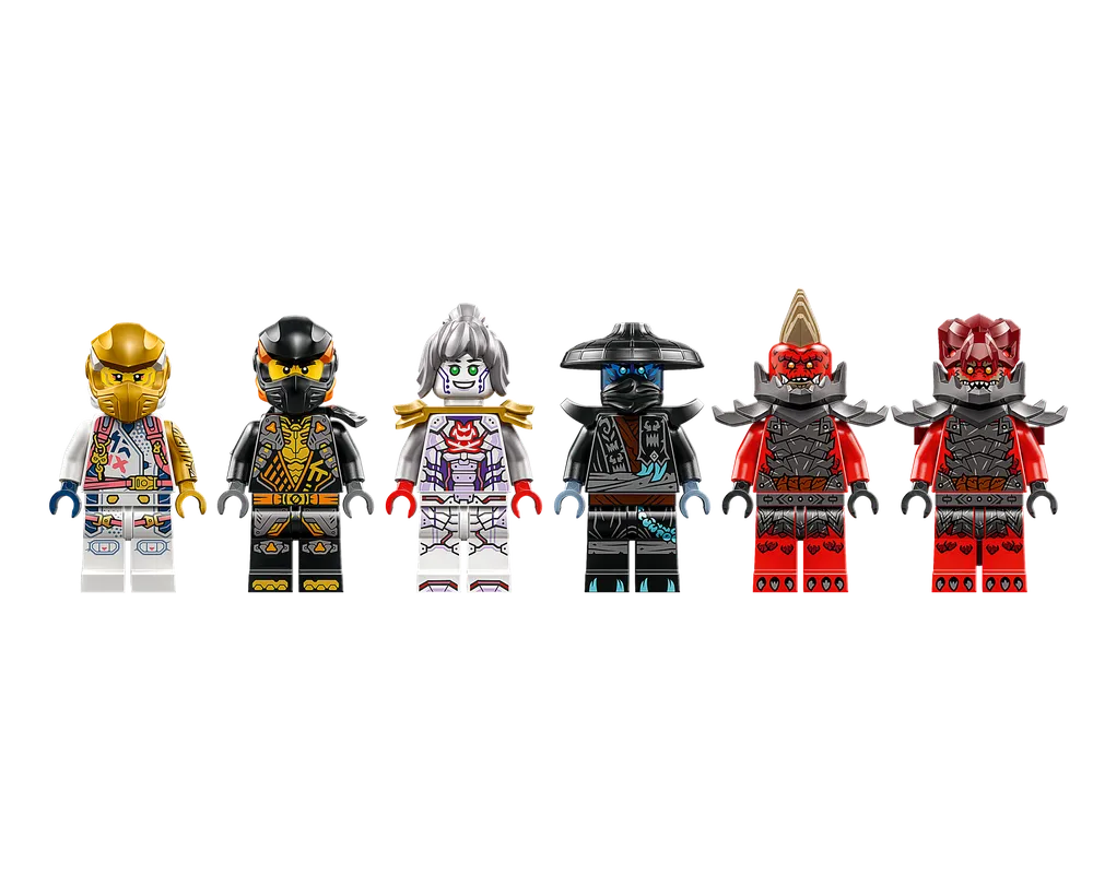 Six LEGO Ninjago minifigures from Zane's Ultra Combiner Mech set 71834: Zane, Cole, P.I.X.A.L., Master Wu, Ras, Jordana.