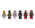 Six LEGO Ninjago minifigures from Zane's Ultra Combiner Mech set 71834: Zane, Cole, P.I.X.A.L., Master Wu, Ras, Jordana.