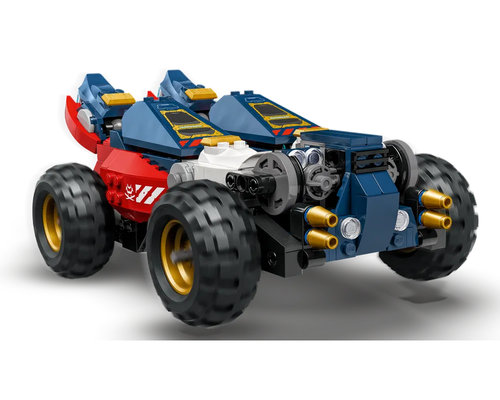 A red and dark blue LEGO NINJAGO Zane's Ultra Combiner Mech vehicle, with large black tires and gold rims, captured in motion.