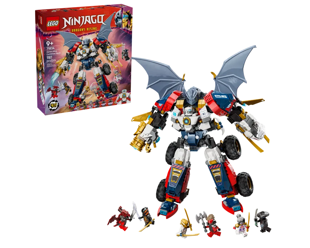 LEGO Ninjago 71834 Zane's Ultra Combiner Mech set, featuring the large winged mech, its box, and 6 minifigures.