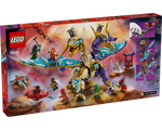 Back of LEGO Ninjago 71836 box with the large gold and purple Arc Dragon, several minifigures, and small builds.