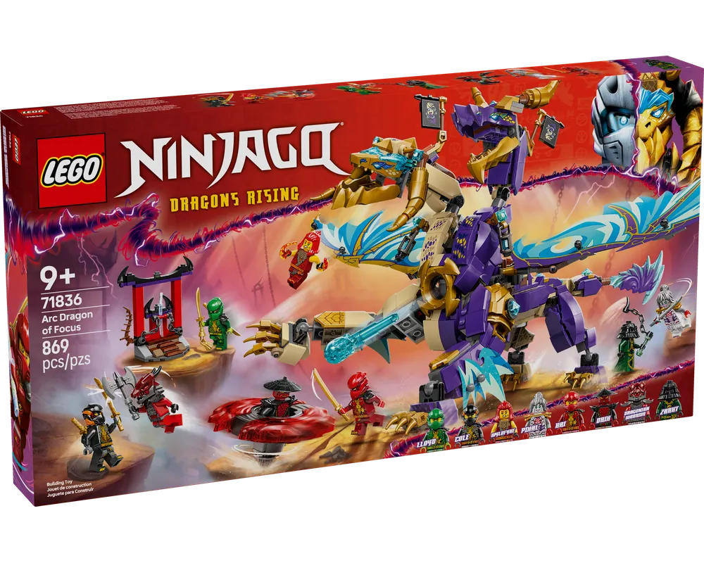 LEGO Ninjago 71836 Arc Dragon of Focus set box featuring a large purple and gold dragon, minifigures, and 869 pieces.